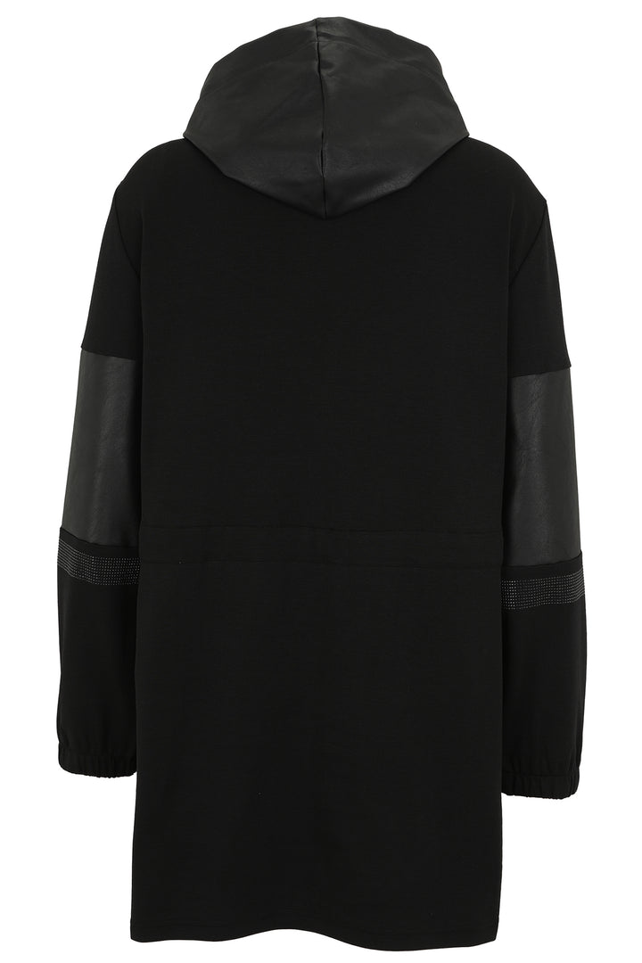 Black hooded coat with mesh panels on sleeves on a white background