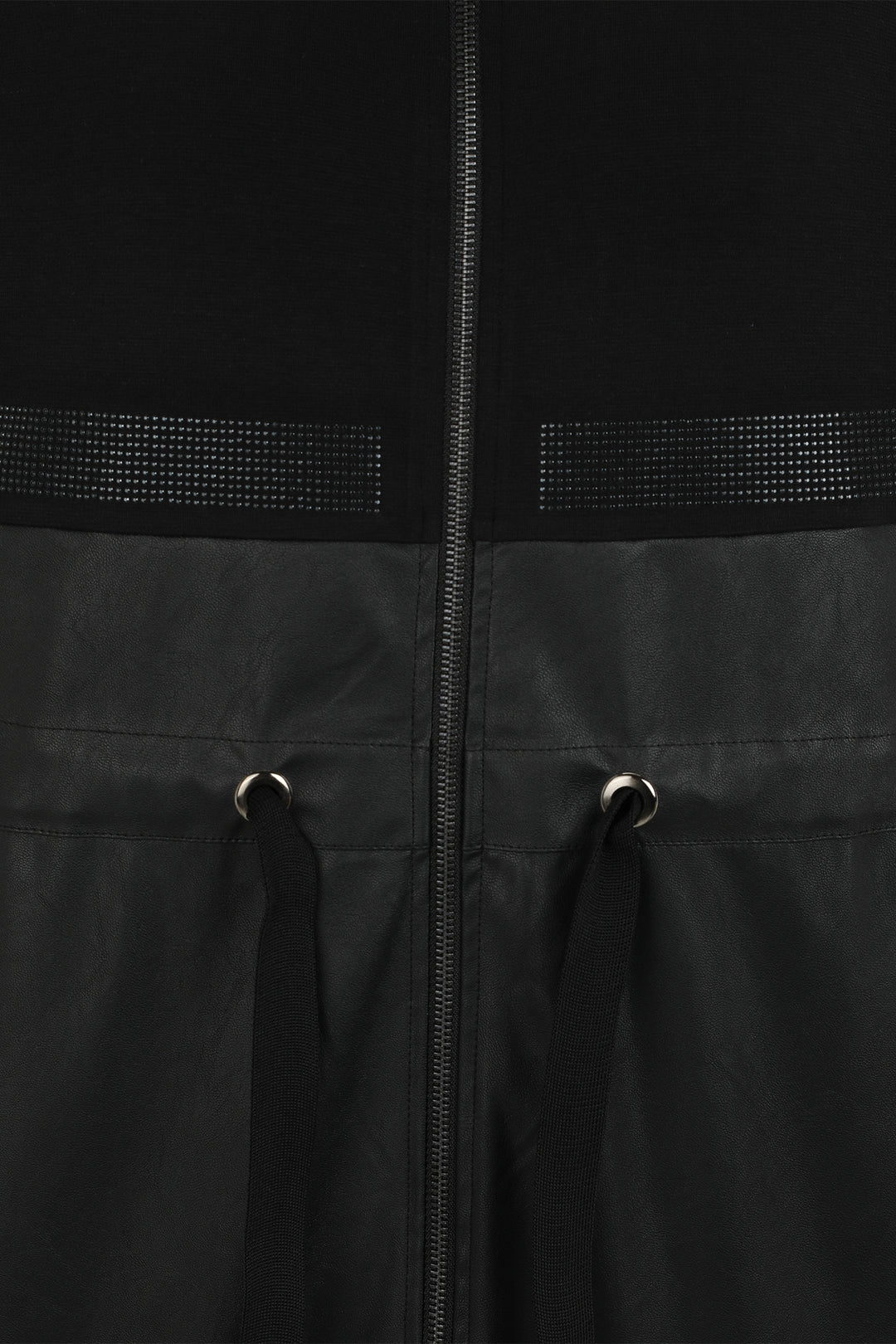 Close-up of a black jacket with a zipper and textured panels.