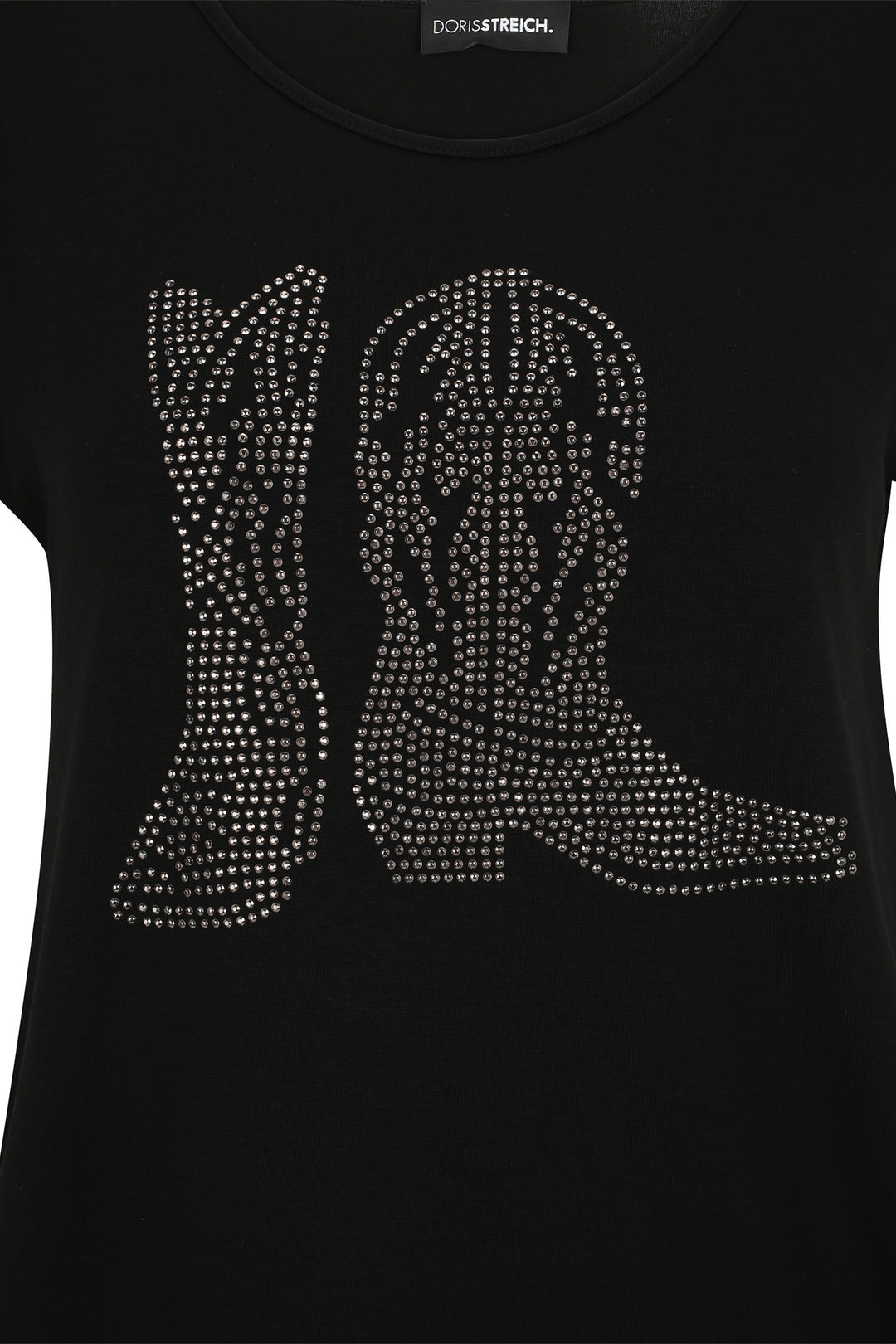 Black t-shirt with cowboy boot design made of rhinestones on a white background