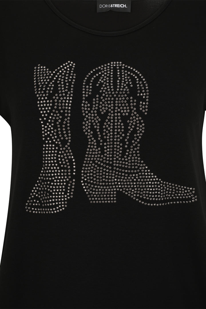 Black t-shirt with cowboy boot design made of rhinestones on a white background