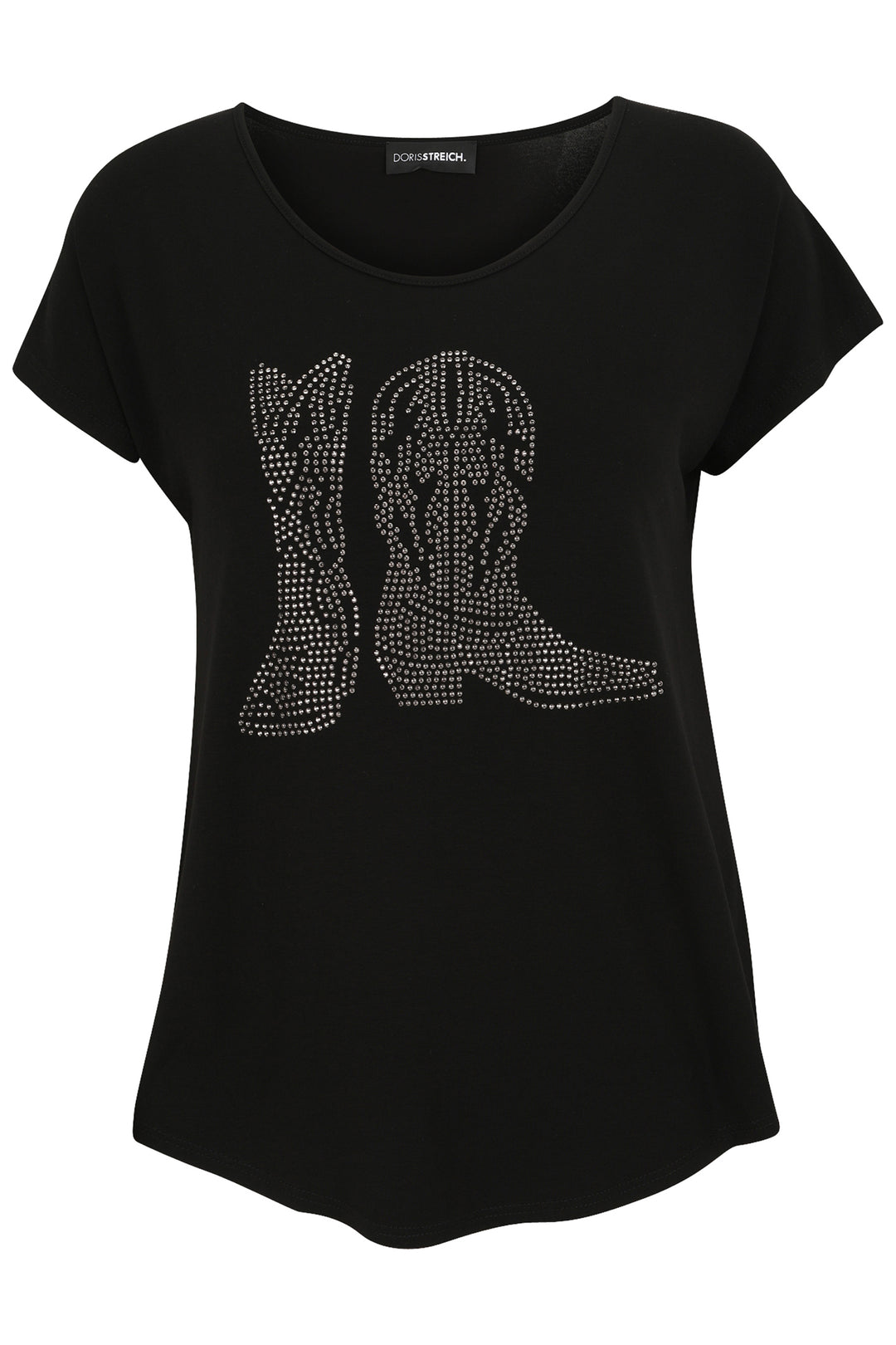 Black t-shirt with rhinestone cowboy boot design on a white background