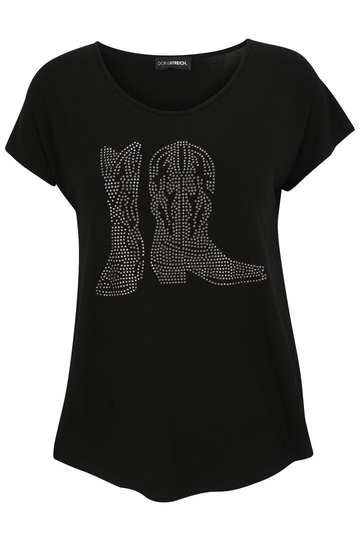 Black t-shirt with rhinestone cowboy boot design on a white background