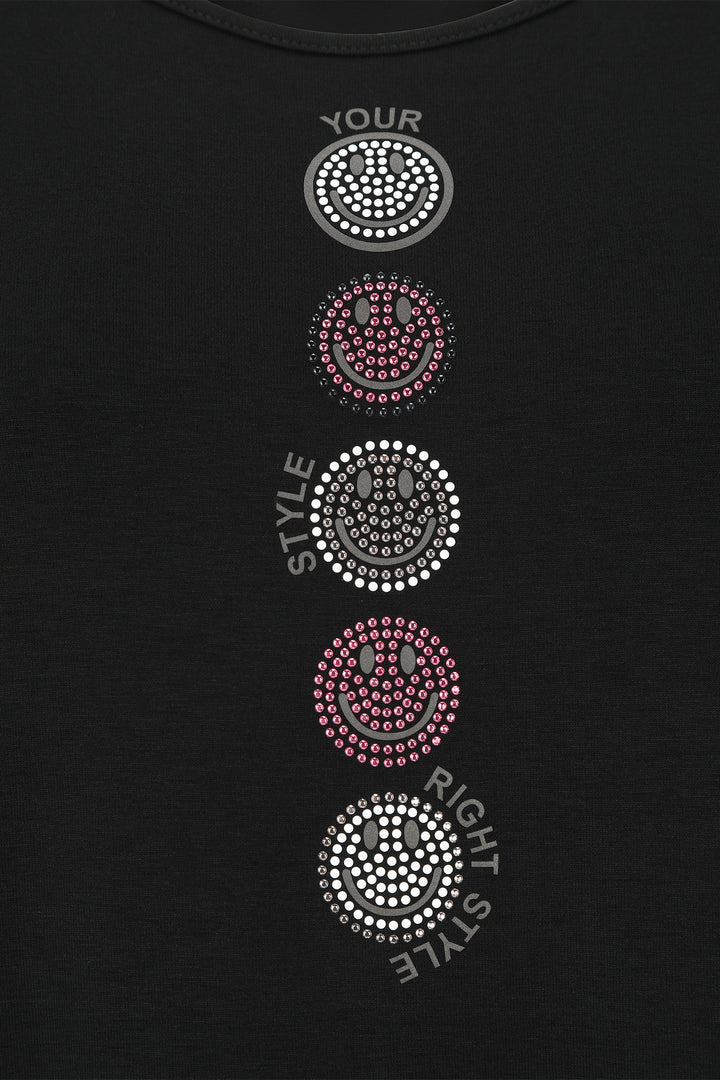 Black t-shirt with rhinestone smiley face designs and text on a dark background