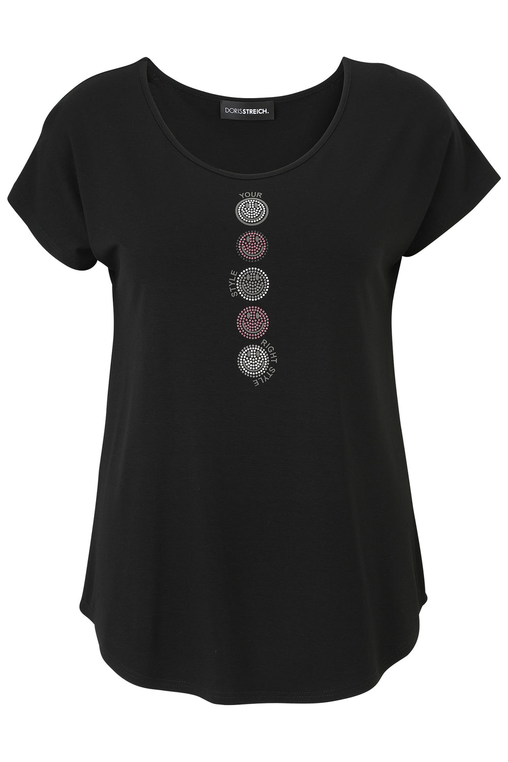 Black t-shirt with circular designs on a white background