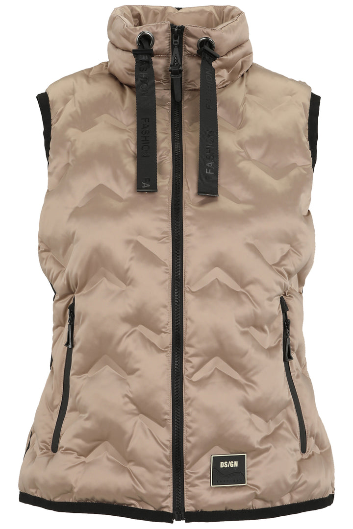 Beige puffer vest with black accents on a white background