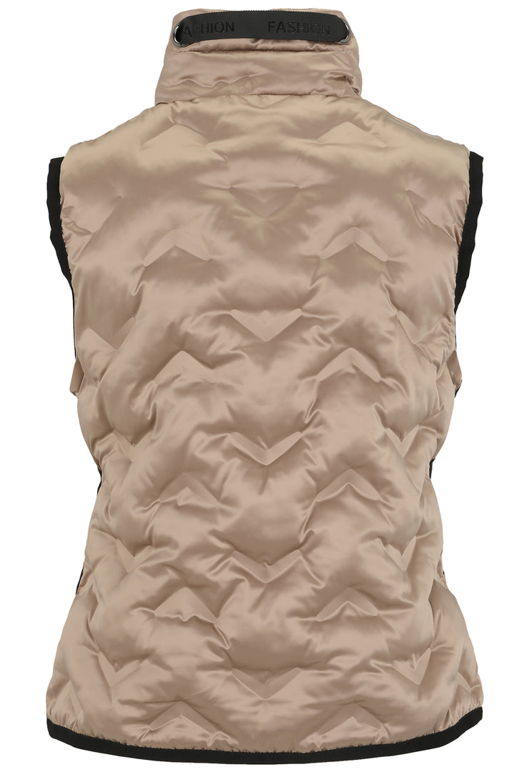 Beige quilted vest with black trim on a white background