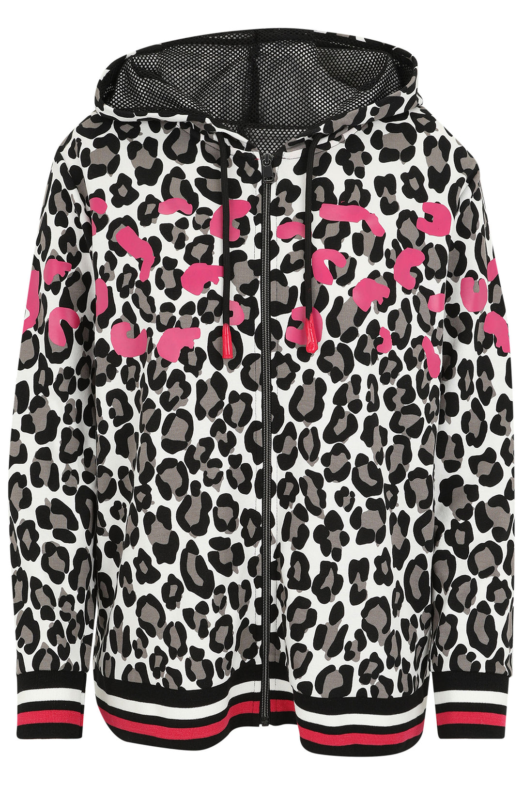 Leopard print hoodie with pink accents on a white background