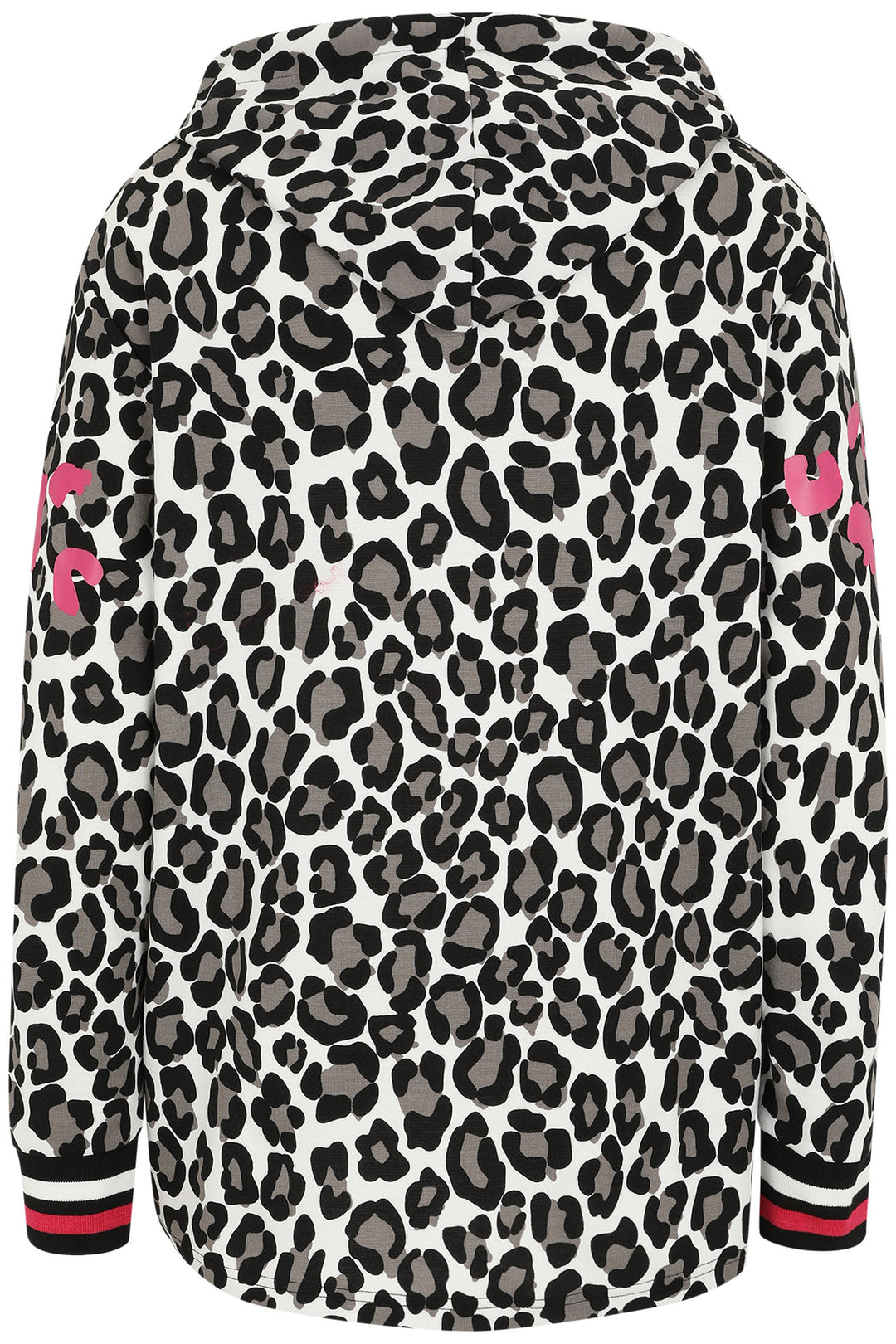 Leopard print hoodie with pink accents on a white background