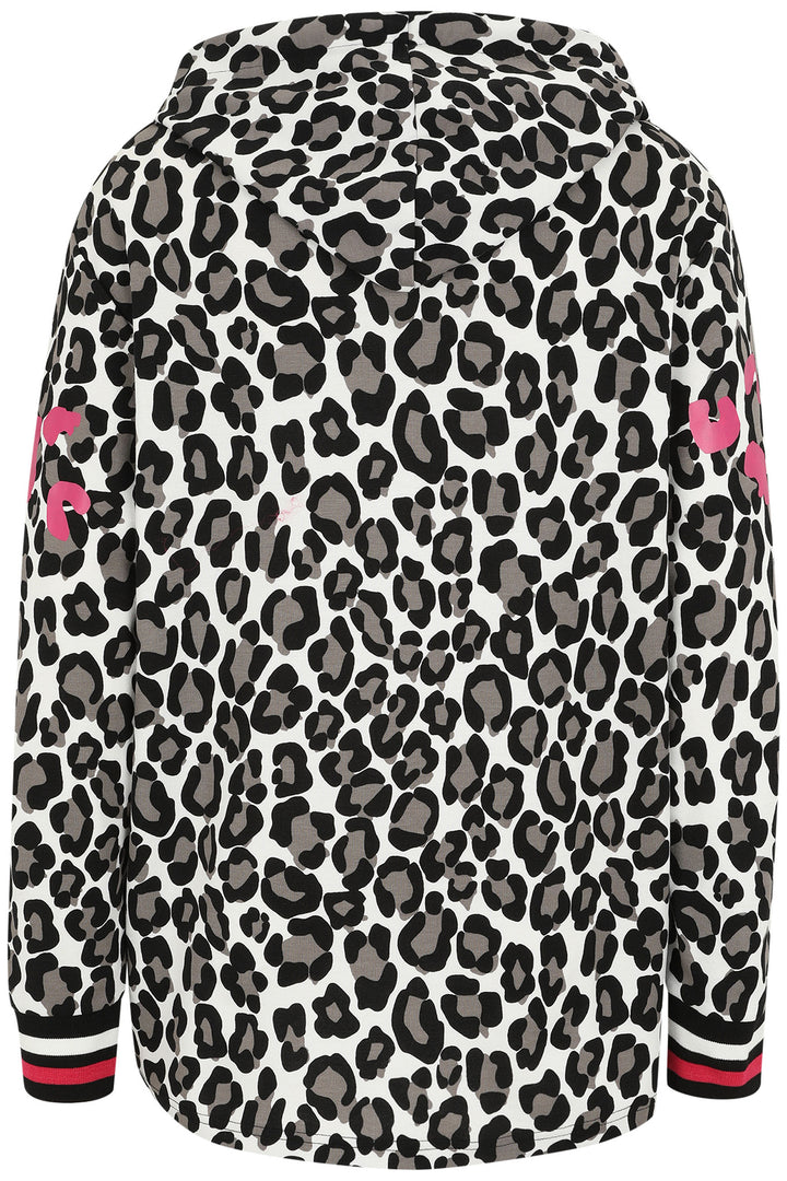 Leopard print hoodie with pink accents on a white background