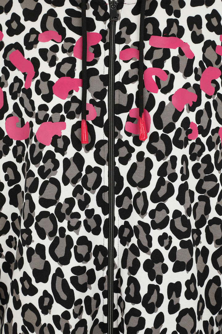 Leopard print jacket with pink accents on a white background