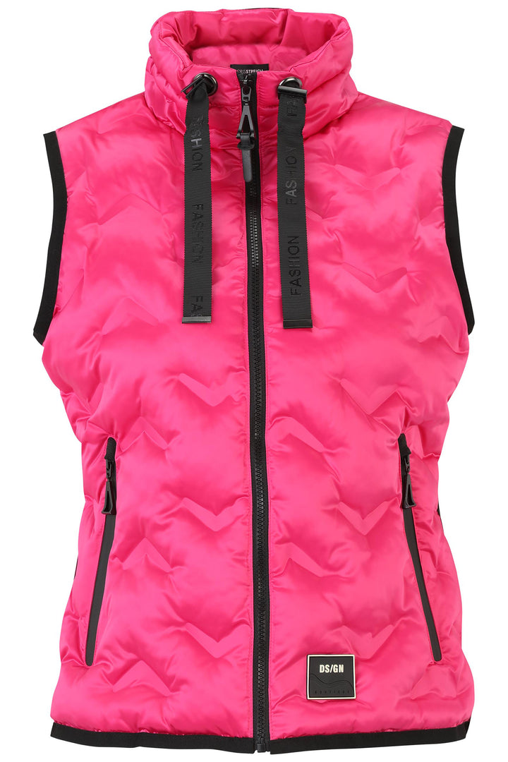 Pink puffer vest with black accents on a white background
