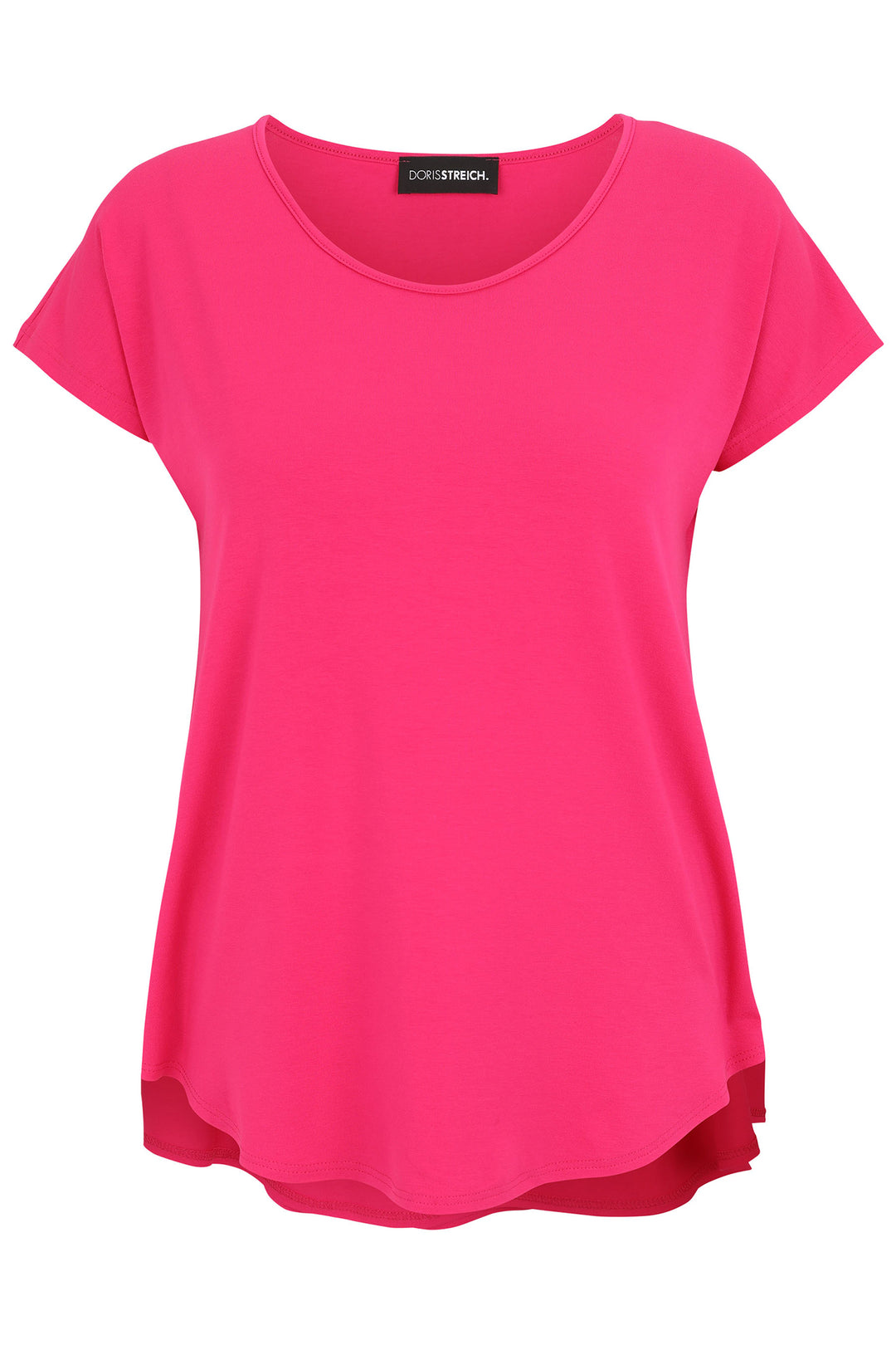 Pink t-shirt with a brand label on a white background