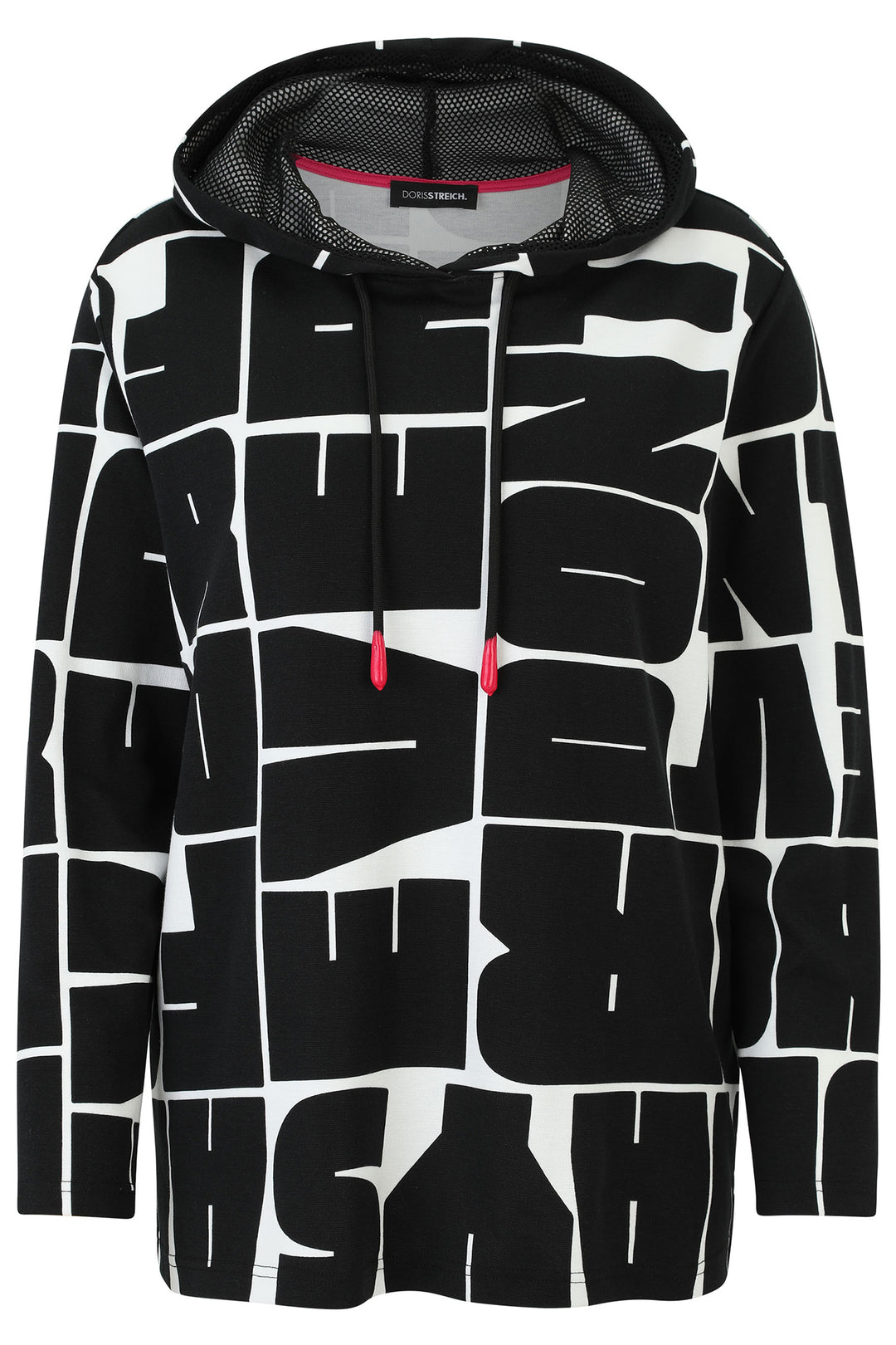 Black and white geometric patterned hoodie on a white background