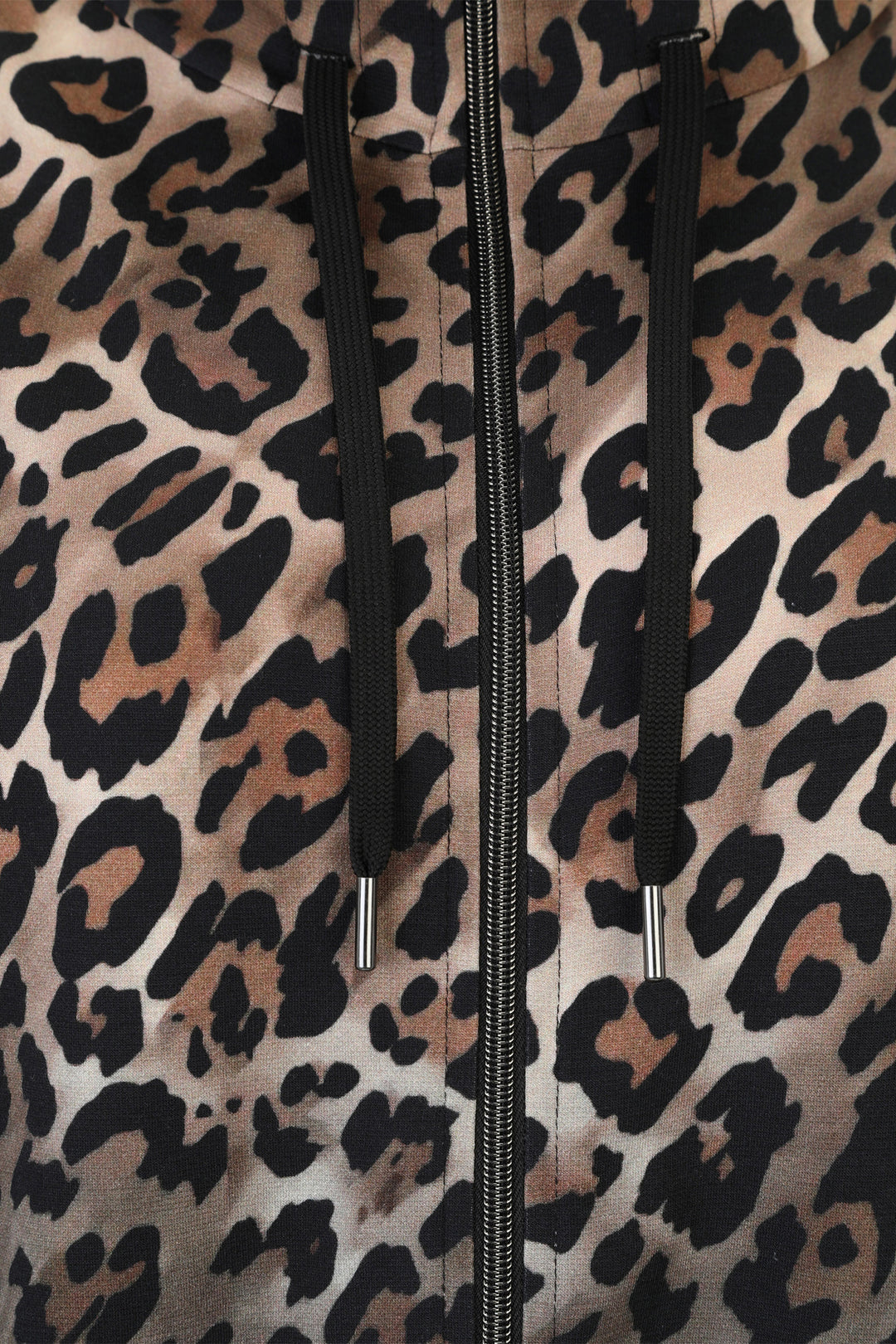 Leopard print jacket with a zipper and drawstrings on a matching background
