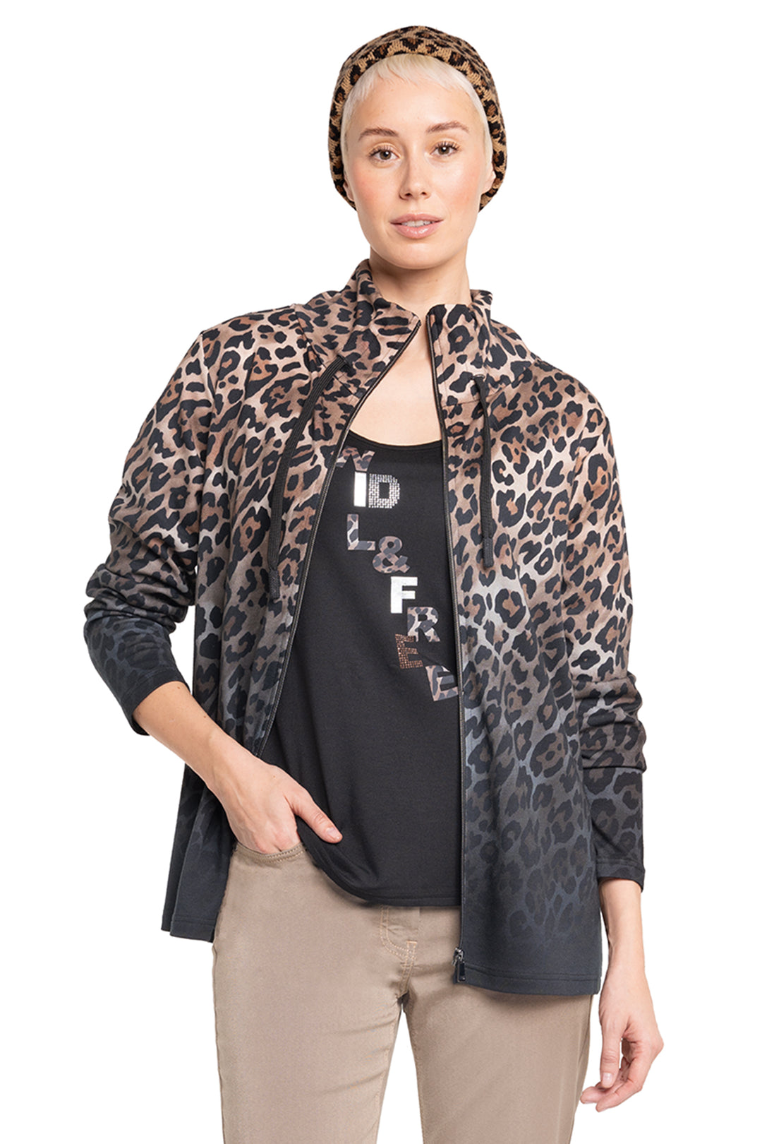 Woman wearing a leopard print shirt over a black top with text on a white background