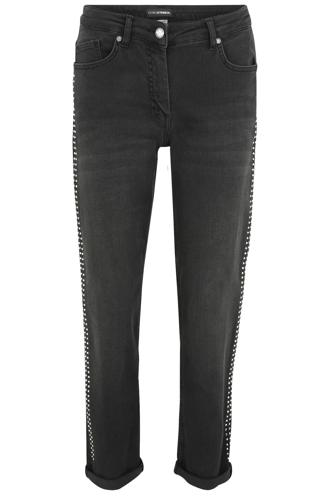 Black jeans with decorative elements on a white background