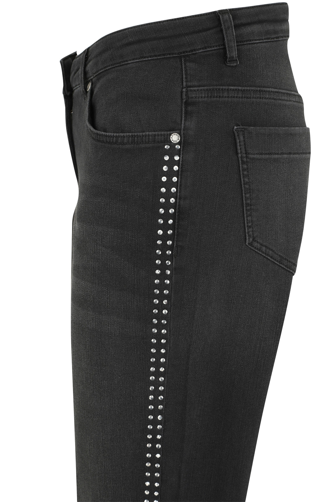 Black jeans with studded details on a white background