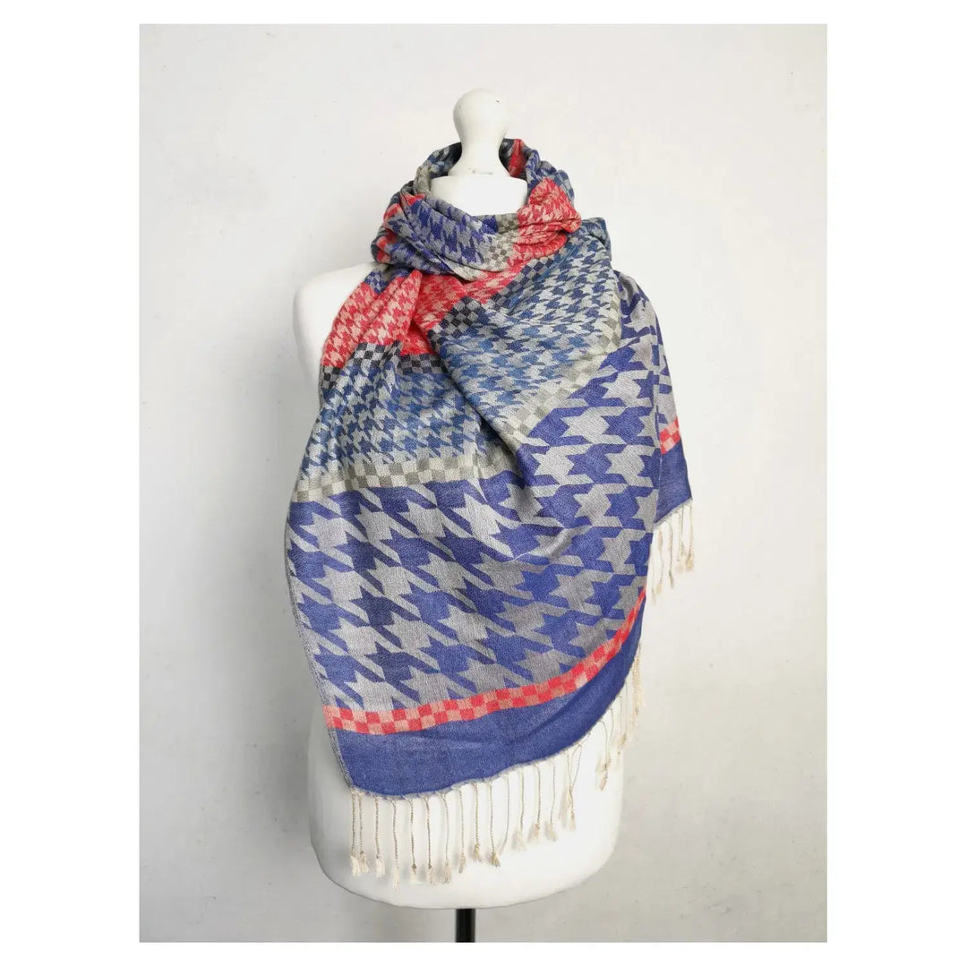 Blue Super Soft Dogtooth Print Pashmina Scarf Shawl Wrap