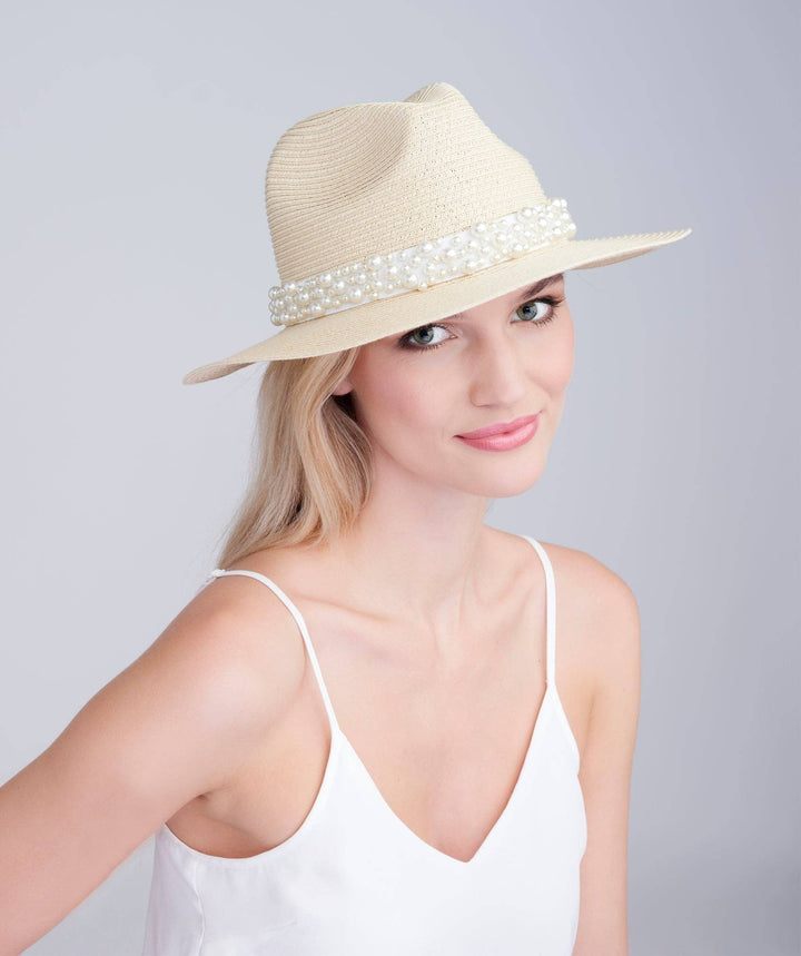 Tan Pearl Trim Straw Fedora