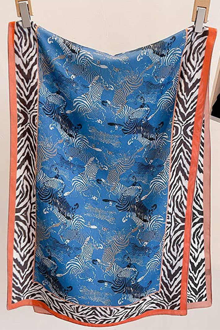 Elegant Blue & Zebra Print Cotton Scarf