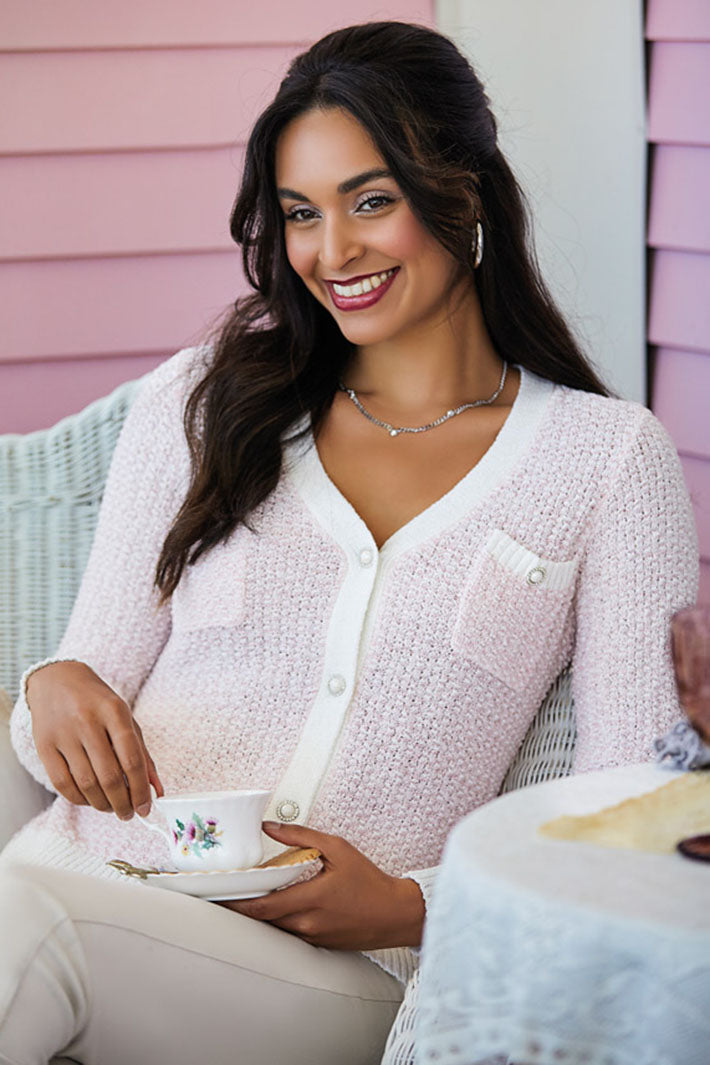 Elena Wang 32018 Pastel Pink Crochet Knit Cardigan - Experience Boutique