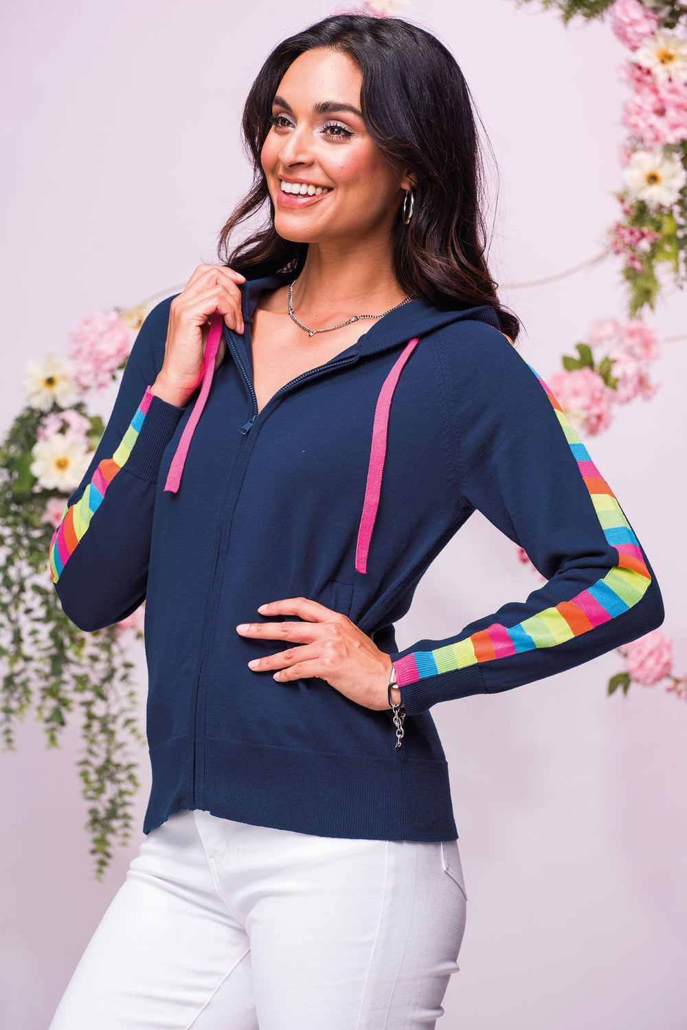 Elena Wang 32085 Navy Rainbow Sleeve Knit Cardigan - Experience Boutique
