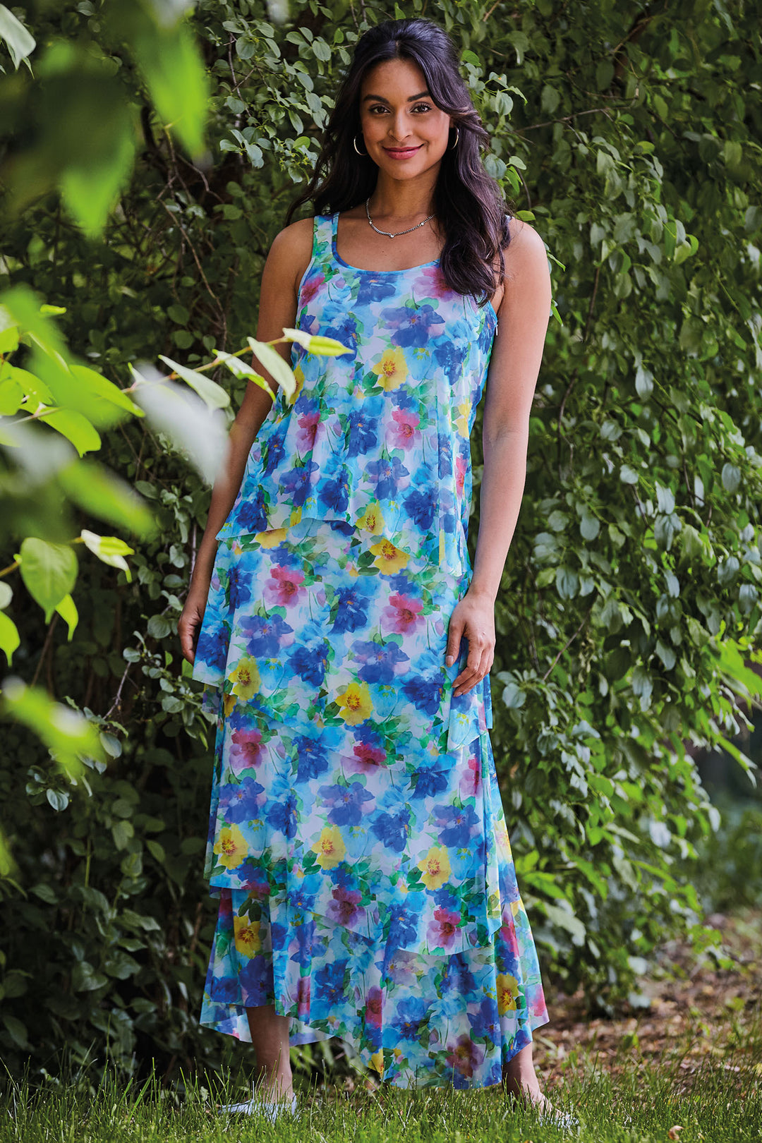 Elena Wang 32148A Blue Floral Print Layered Maxi Dress
