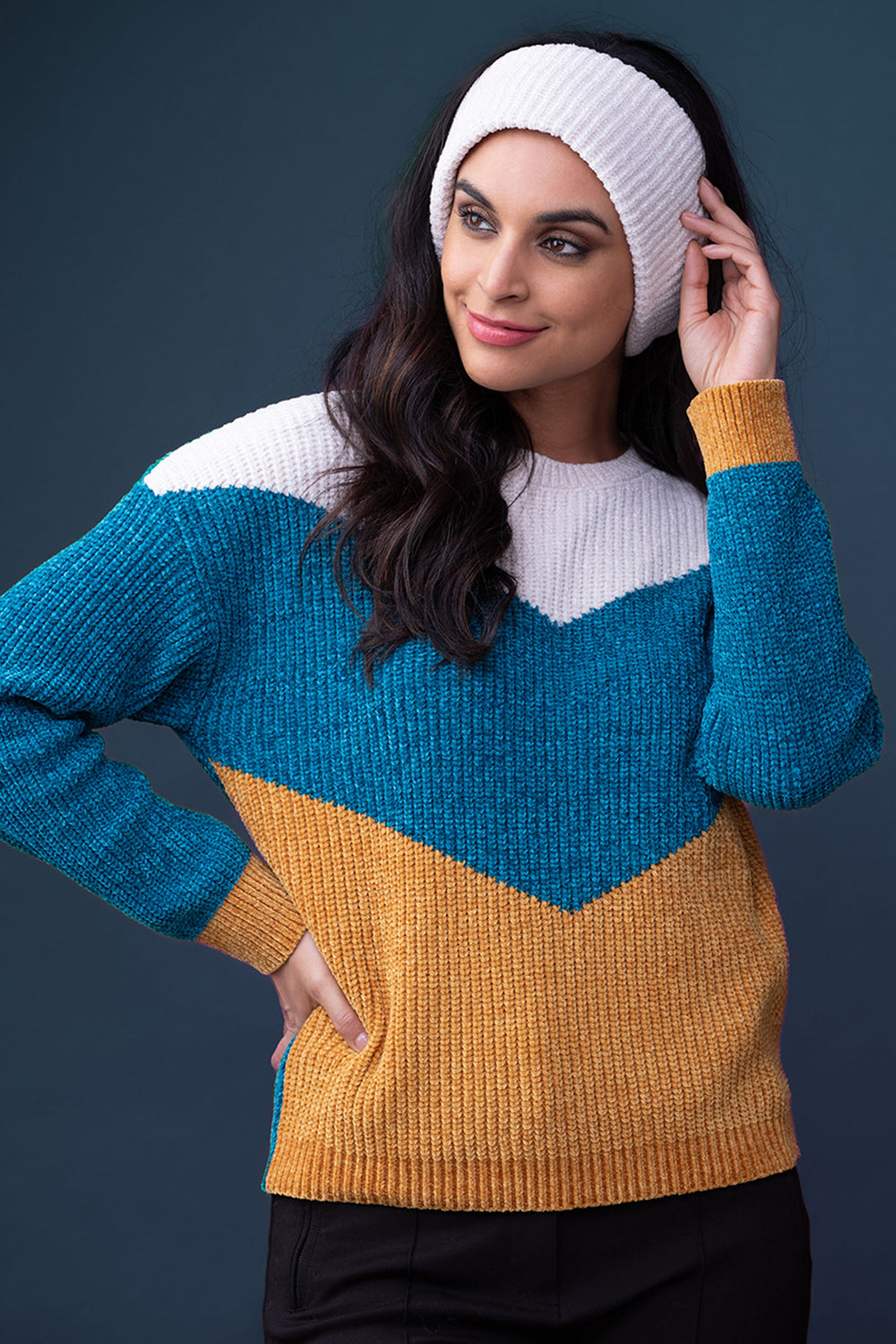 Elena Wang 33112 Teal & Cream Chenille Knit Jumper Separate Collar - Experience Boutique