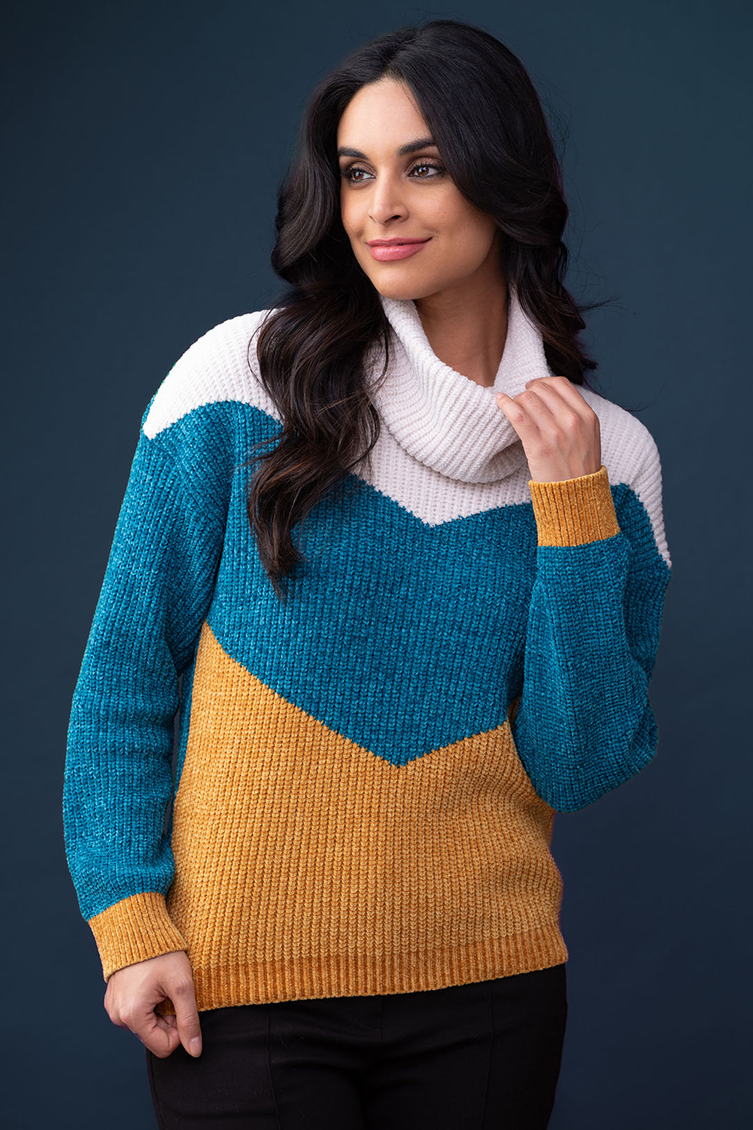 Elena Wang 33112 Teal & Cream Chenille Knit Jumper Separate Collar - Experience Boutique