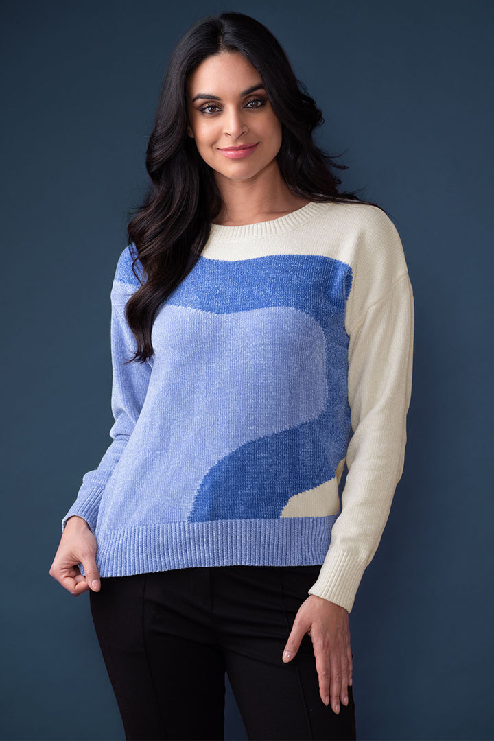 Elena Wang EW33126 Blue & Cream Wave Knit Jumper Separate Collar - Experience Boutique