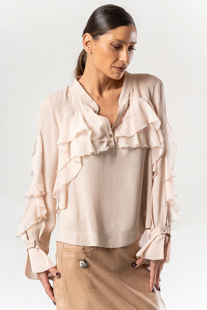 Elisa Cavaletti Beige Ruffle Layer Blouse at Experience Boutique