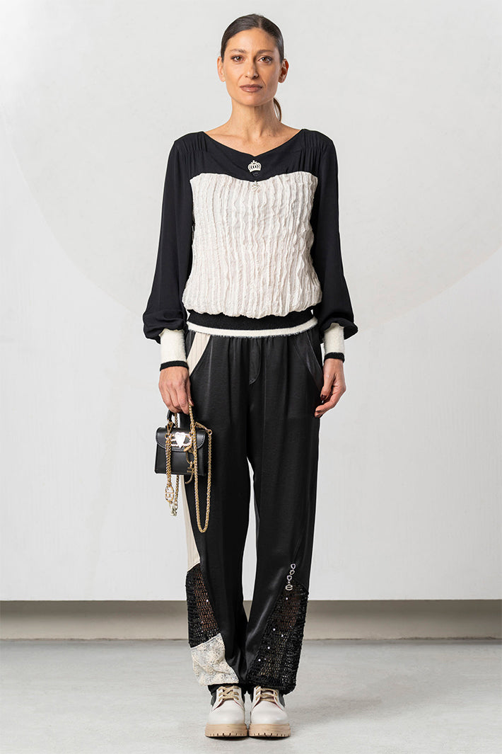 Elisa Cavaletti Black Cream Crushed Ruffle Top at Experience Boutique