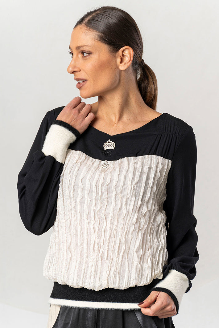 Elisa Cavaletti Black Cream Crushed Ruffle Top at Experience Boutique