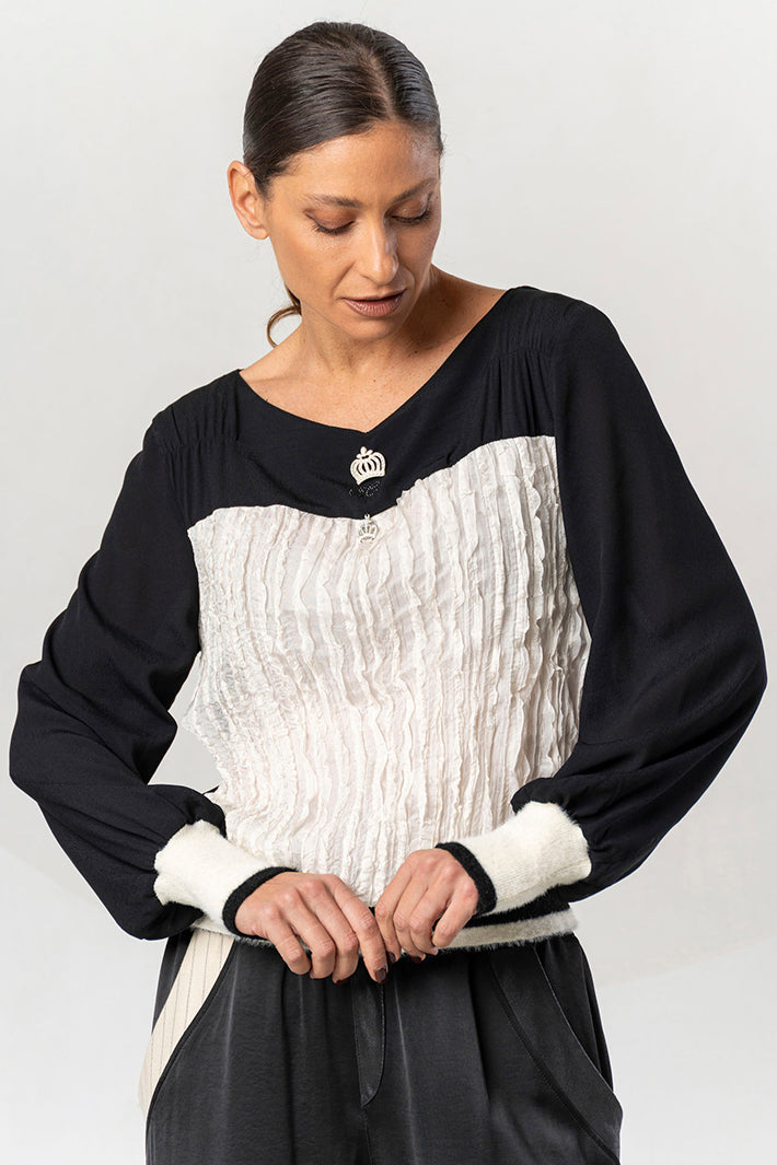 Elisa Cavaletti Black Cream Crushed Ruffle Top at Experience Boutique