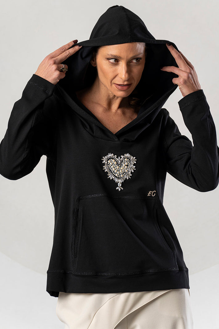 Elisa Cavaletti Black Crystal Heart Hooded Top at Experience Boutique