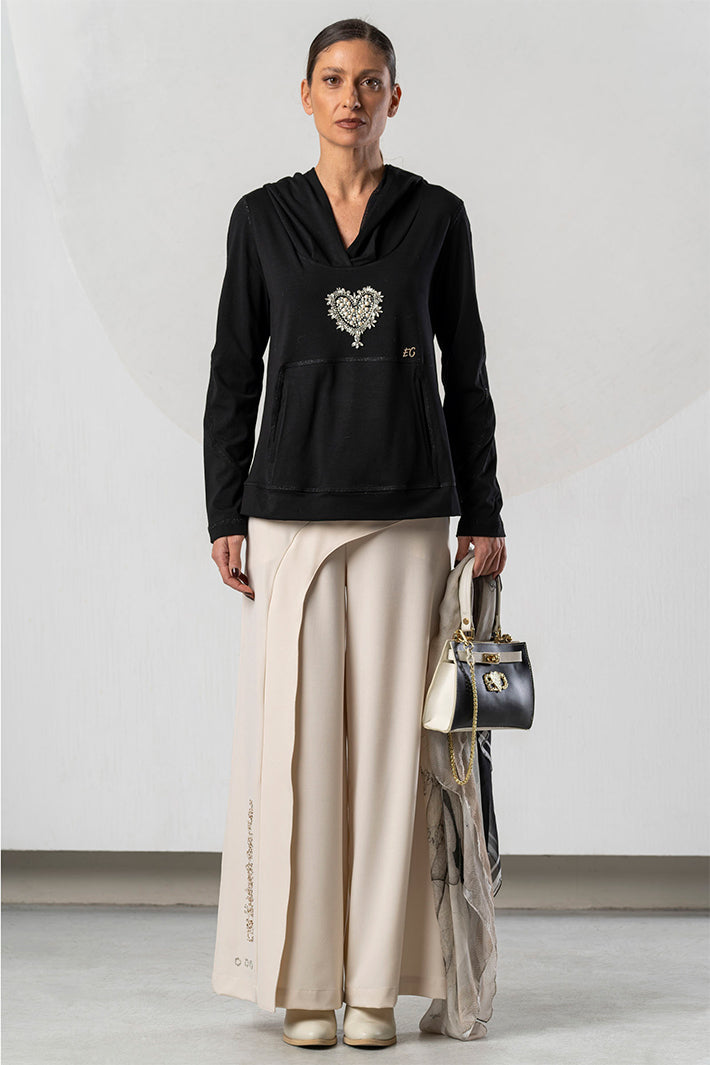 Elisa Cavaletti Black Crystal Heart Hooded Top at Experience Boutique