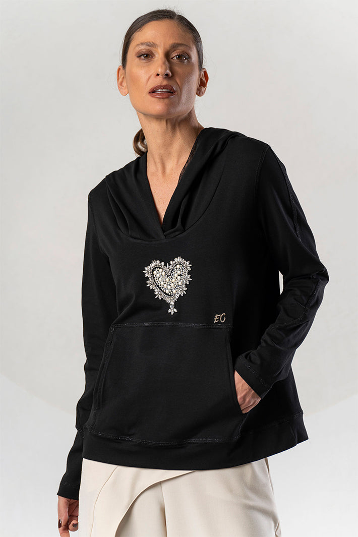 Elisa Cavaletti Black Crystal Heart Hooded Top at Experience Boutique