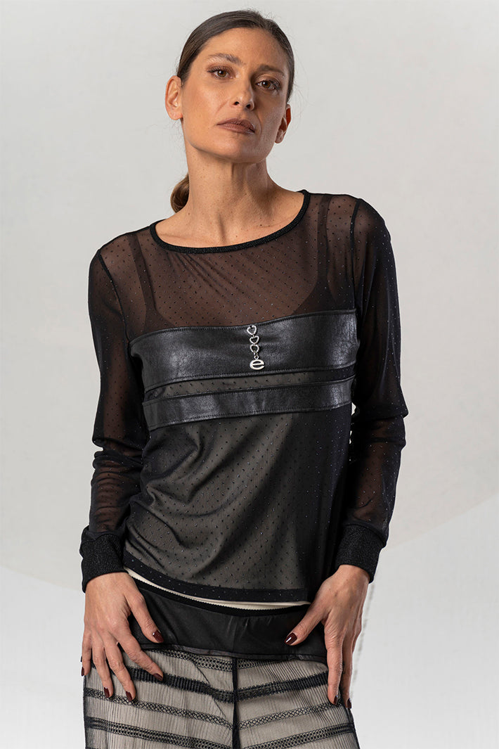 Elisa Cavaletti Black Embellished Mesh Top at Experience Boutique