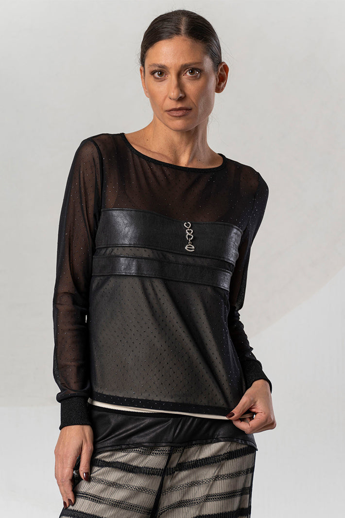 Elisa Cavaletti Black Embellished Mesh Top at Experience Boutique