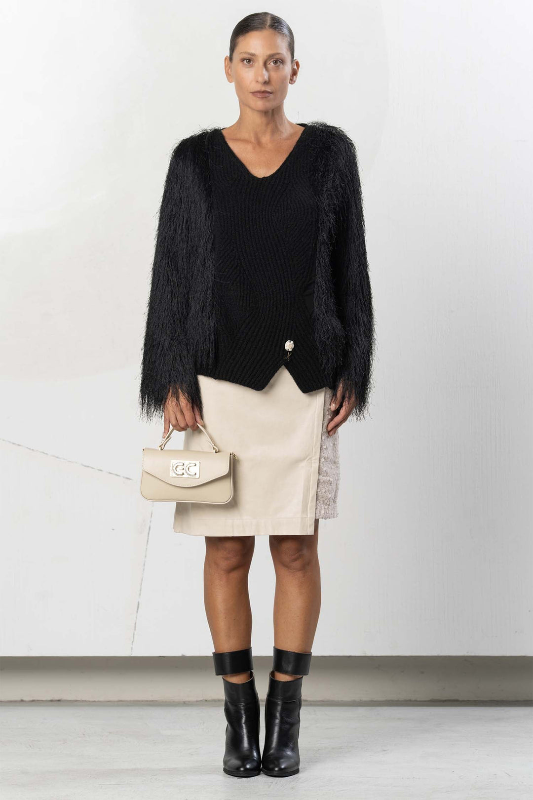 Elisa Cavaletti Black Eyelash Knit Jumper ELW264023506 02001, full length front view