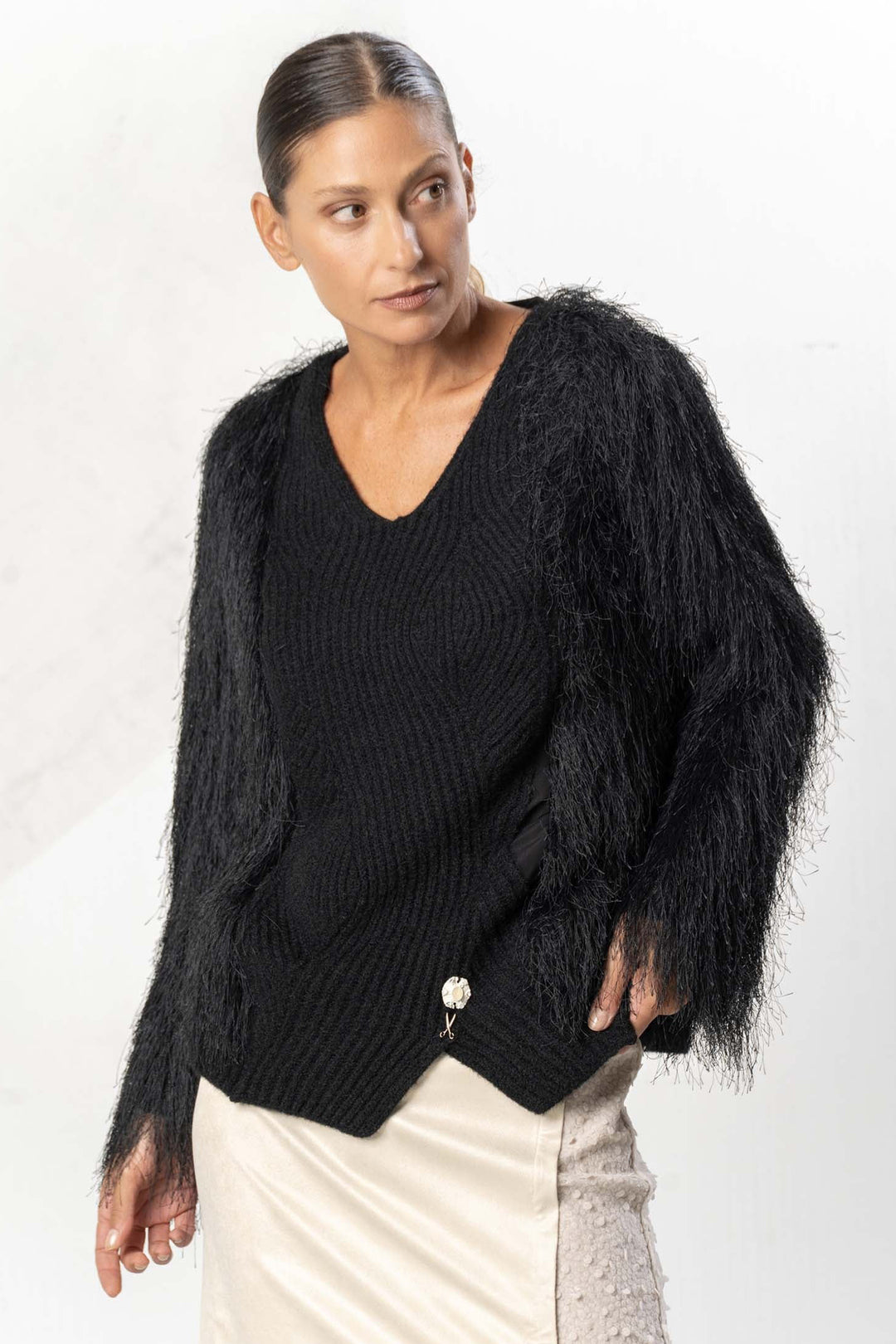 Elisa Cavaletti Black Eyelash Knit Jumper ELW264023506 02001, three quarter view showing the fringed sleeves