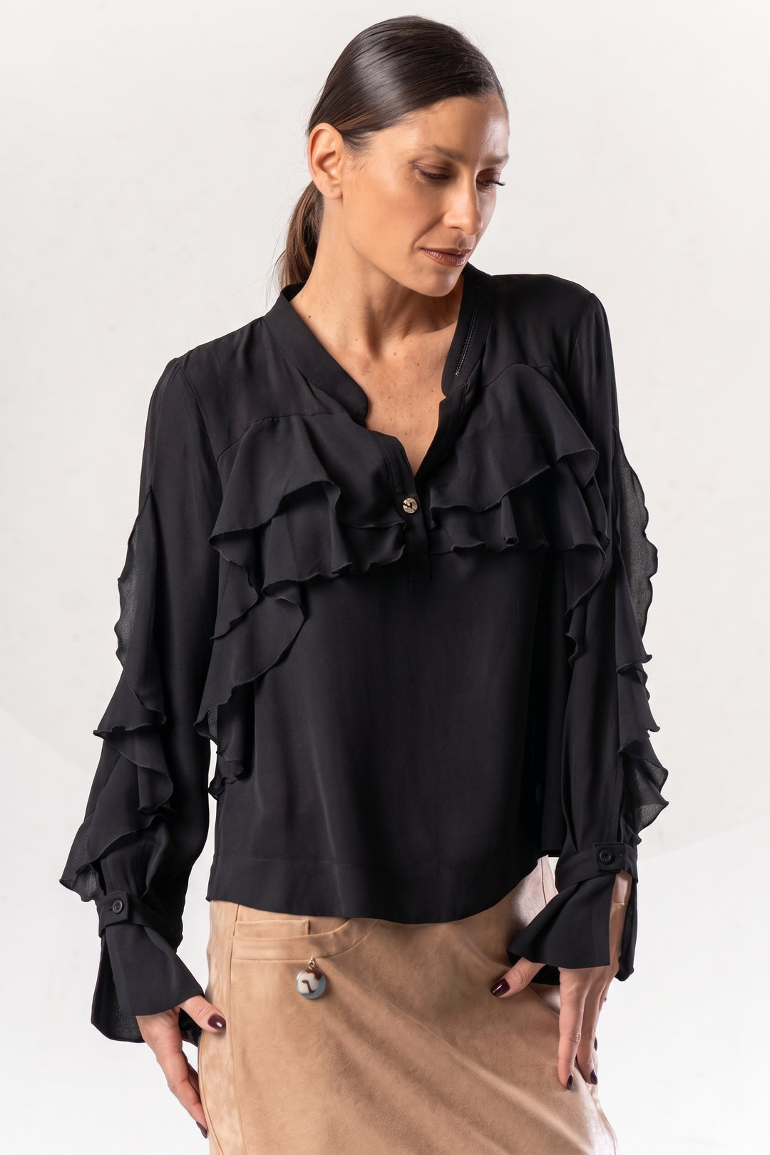 Elisa Cavaletti Black Ruffle Layer Blouse ELW265030105 02001, front view