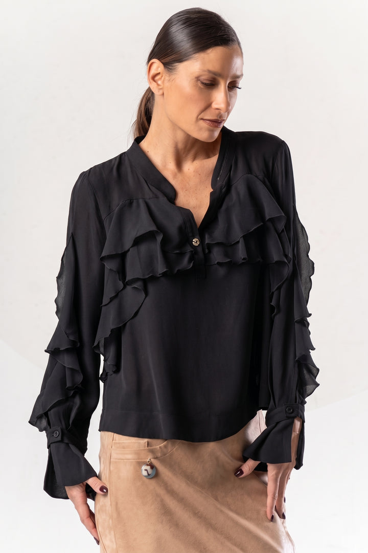 Elisa Cavaletti Black Ruffle Layer Blouse ELW265030105 02001, front view