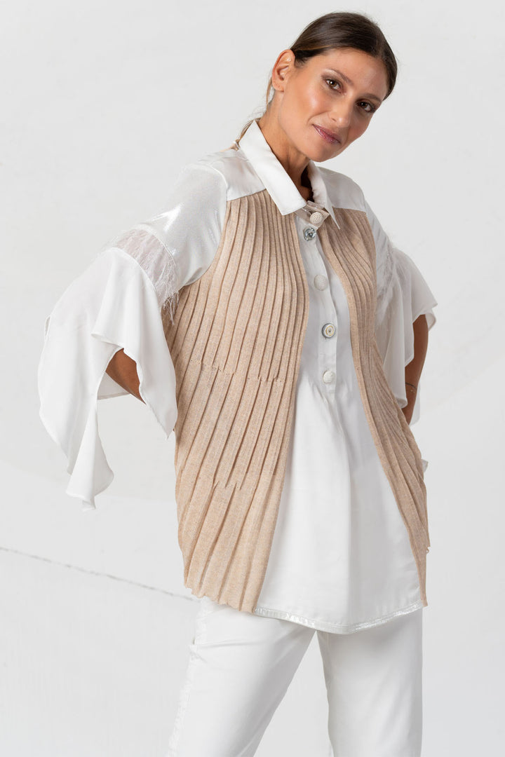Elisa Cavaletti Blouse Cream Taupe Knit Panels EHP251003704 99458 - Experience Boutique