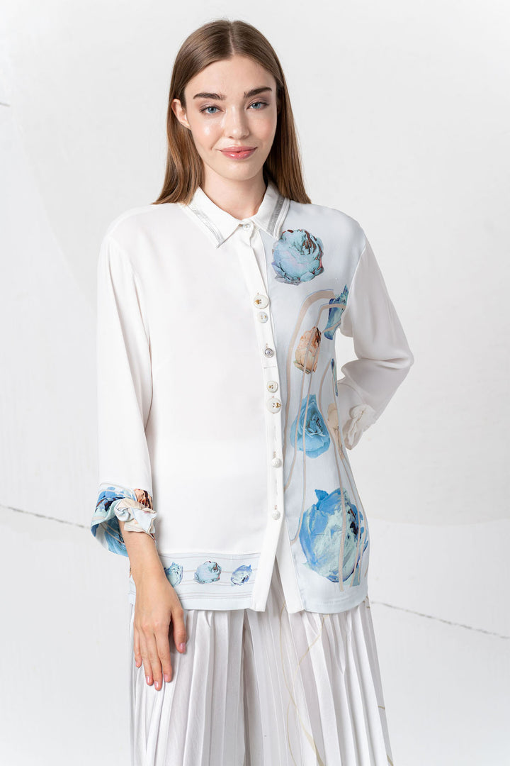 Elisa Cavaletti Blouse Off White Blue Rose Print EJP251021704 99459 - Experience Boutique