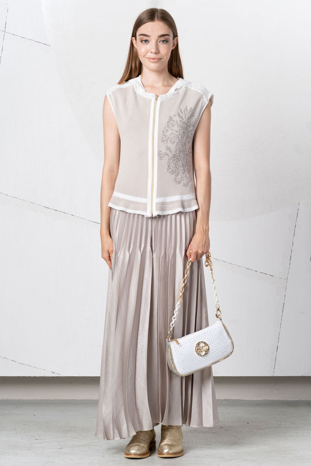 Elisa Cavaletti Gilet Taupe Knitted Zip Front Hooded EJP257023503 05080 - Experience Boutique