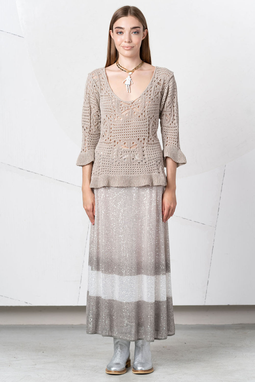Elisa Cavaletti Jumper Taupe Crochet Knit EJP254023510 05079 - Experience Boutique