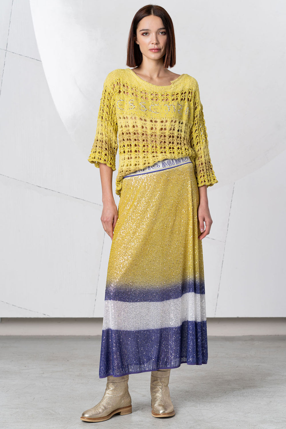 Elisa Cavaletti Skirt Sequin Midi Length Yellow Blue ELP253057700 08062 - Experience Boutique