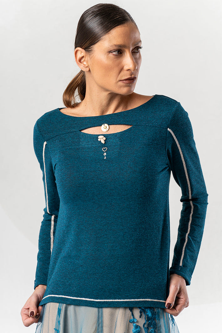 Elisa Cavaletti Teal Blue Keyhole Neck Top at Experience Boutique