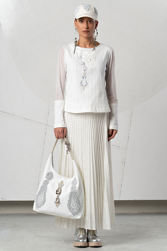 Elisa Cavaletti White Embellished Mesh Sleeve Jumper at Experience Boutique